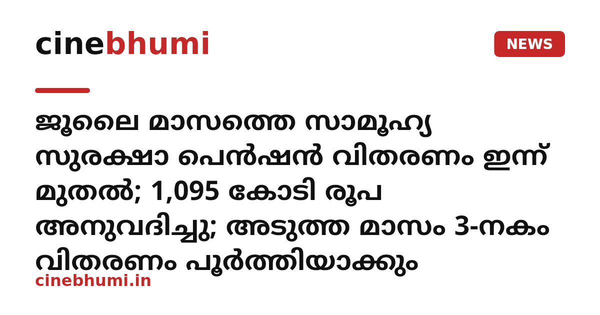 ജൂലൈ മാസത്തെ സാമൂഹ്യ സുരക്ഷാ പെൻഷൻ വിതരണം ഇന്ന് മുതൽ; 1,095 കോടി രൂപ അനുവദിച്ചു; അടുത്ത മാസം 3-നകം വിതരണം പൂർത്തിയാക്കും