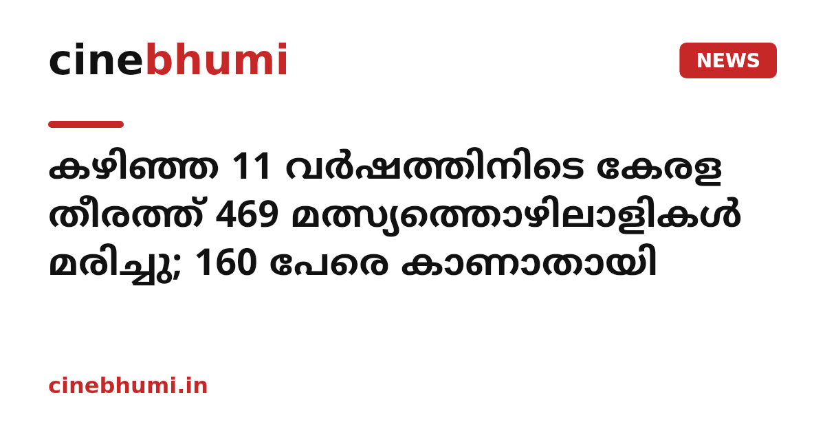 കഴിഞ്ഞ 11 വർഷത്തിനിടെ കേരള തീരത്ത് 469 മത്സ്യത്തൊഴിലാളികൾ മരിച്ചു; 160 പേരെ കാണാതായി