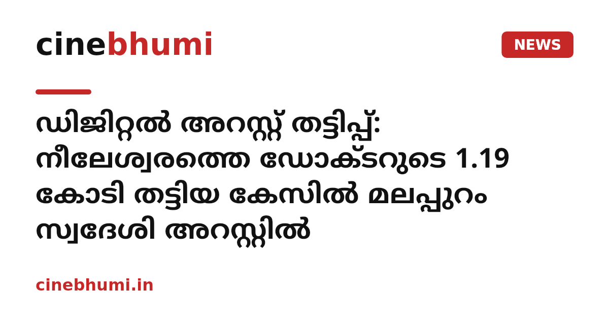 ഡിജിറ്റൽ അറസ്റ്റ് തട്ടിപ്പ്: നീലേശ്വരത്തെ ഡോക്ടറുടെ 1.19 കോടി തട്ടിയ കേസിൽ മലപ്പുറം സ്വദേശി അറസ്റ്റിൽ