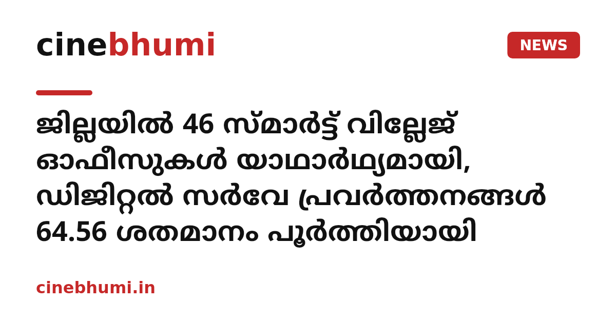 ജില്ലയില്‍ 46 സ്മാര്‍ട്ട് വില്ലേജ് ഓഫീസുകള്‍ യാഥാര്‍ഥ്യമായി, ഡിജിറ്റല്‍ സര്‍വേ പ്രവര്‍ത്തനങ്ങള്‍ 64.56 ശതമാനം പൂര്‍ത്തിയായി