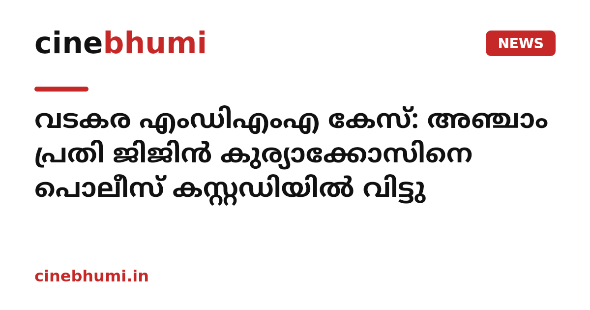 വടകര എംഡിഎംഎ കേസ്: അഞ്ചാം പ്രതി ജിജിൻ കുര്യാക്കോസിനെ പൊലീസ് കസ്റ്റഡിയിൽ വിട്ടു