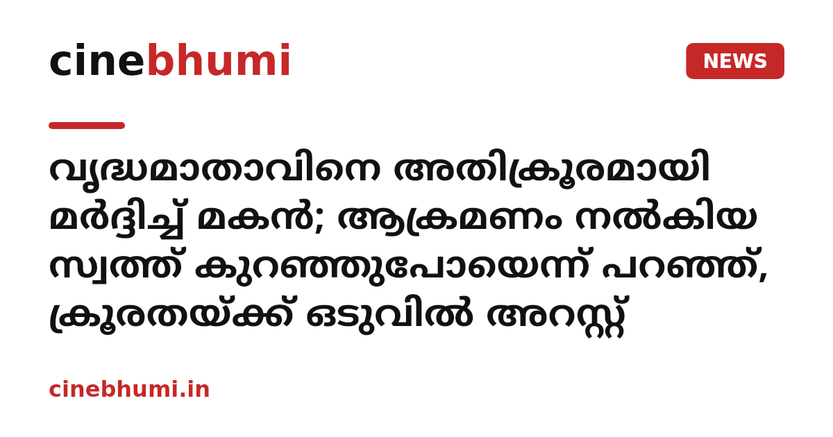 വൃദ്ധമാതാവിനെ അതിക്രൂരമായി മർദ്ദിച്ച് മകൻ; ആക്രമണം നൽകിയ സ്വത്ത് കുറഞ്ഞുപോയെന്ന് പറഞ്ഞ്, ക്രൂരതയ്ക്ക് ഒടുവിൽ അറസ്റ്റ്