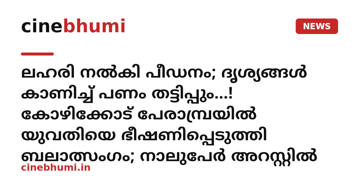 ലഹരി നൽകി പീഡനം; ദൃശ്യങ്ങൾ കാണിച്ച് പണം തട്ടിപ്പും...! കോഴിക്കോട് പേരാമ്പ്രയിൽ യുവതിയെ ഭീഷണിപ്പെടുത്തി ബലാത്സംഗം; നാലുപേർ അറസ്റ്റിൽ