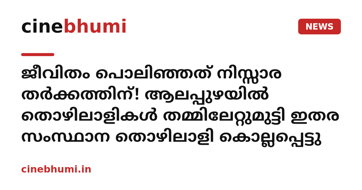 ജീവിതം പൊലിഞ്ഞത് നിസ്സാര തർക്കത്തിന്! ആലപ്പുഴയിൽ തൊഴിലാളികൾ തമ്മിലേറ്റുമുട്ടി ഇതര സംസ്ഥാന തൊഴിലാളി കൊല്ലപ്പെട്ടു