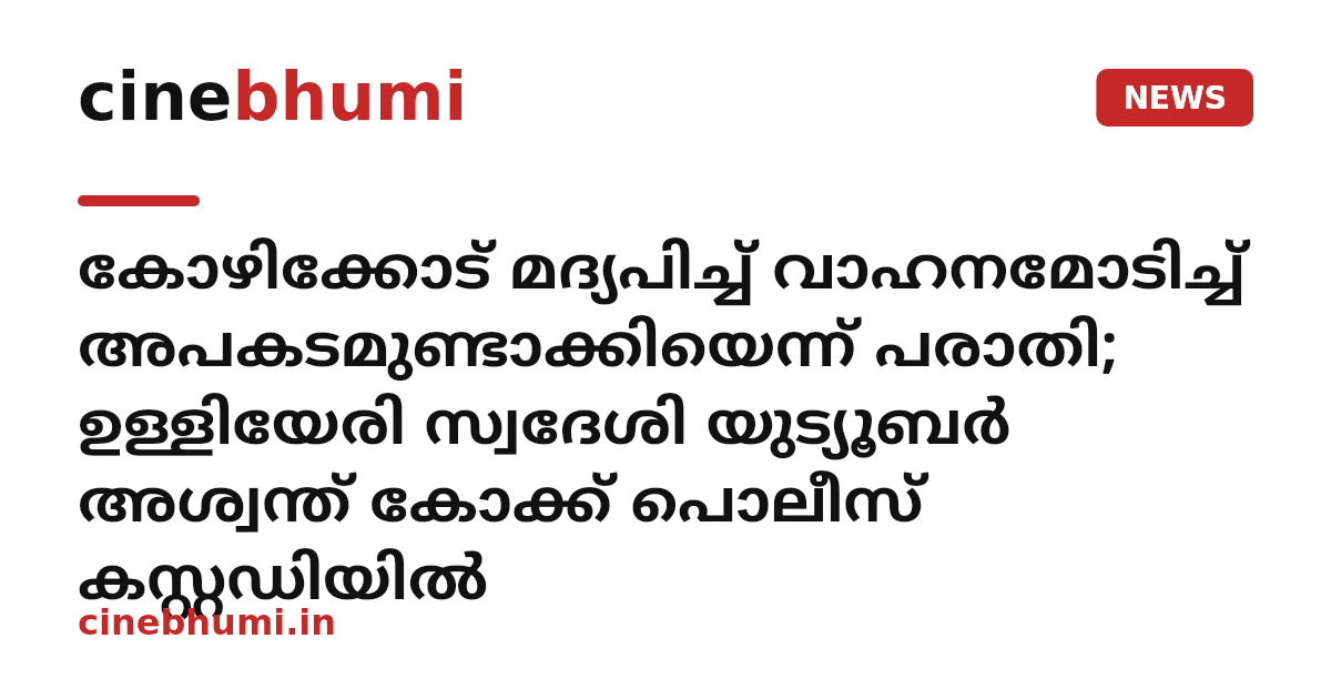 കോഴിക്കോട് മദ്യപിച്ച് വാഹനമോടിച്ച് അപകടമുണ്ടാക്കിയെന്ന് പരാതി; ഉള്ളിയേരി സ്വദേശി യുട്യൂബർ അശ്വന്ത് കോക്ക് പൊലീസ് കസ്റ്റഡിയിൽ