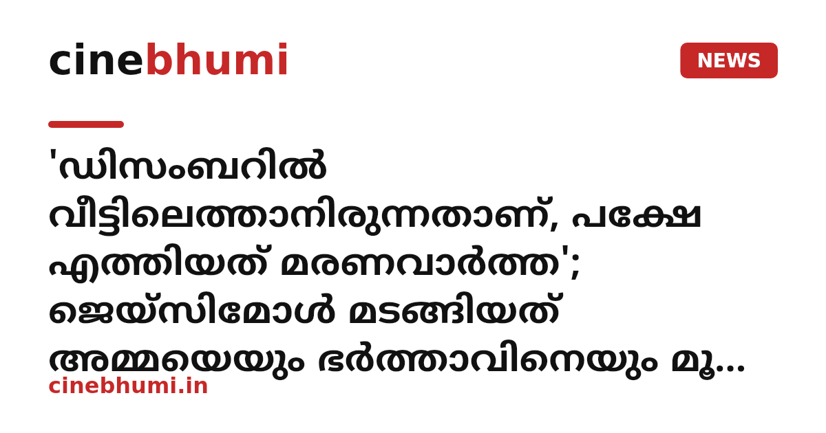 'ഡിസംബറിൽ വീട്ടിലെത്താനിരുന്നതാണ്, പക്ഷേ എത്തിയത് മരണവാർത്ത'; ജെയ്സിമോൾ മടങ്ങിയത് അമ്മയെയും ഭർത്താവിനെയും മൂന്ന് കുരുന്നുകളെ തനിച്ചാക്കി