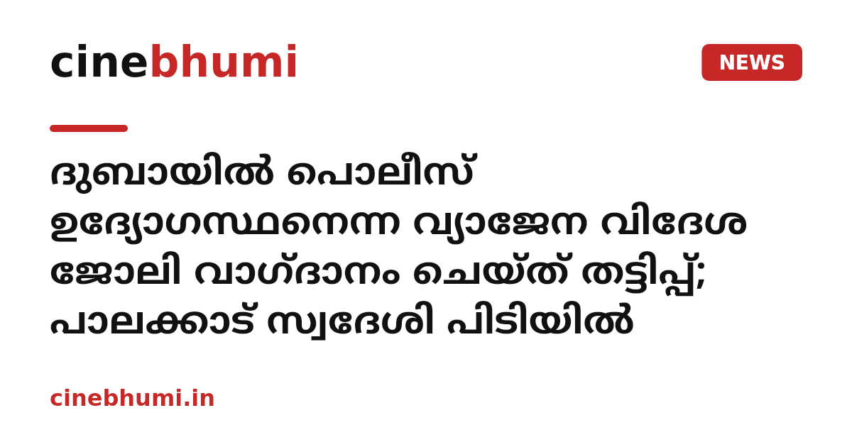 ദുബായിൽ പൊലീസ് ഉദ്യോഗസ്ഥനെന്ന വ്യാജേന വിദേശ ജോലി വാഗ്ദാനം ചെയ്ത് തട്ടിപ്പ്; പാലക്കാട് സ്വദേശി പിടിയിൽ